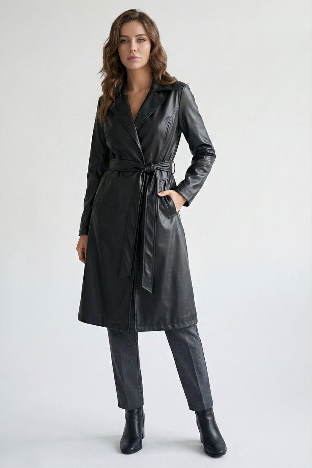 Women’s Black Faux Leather Long Coat with Belt