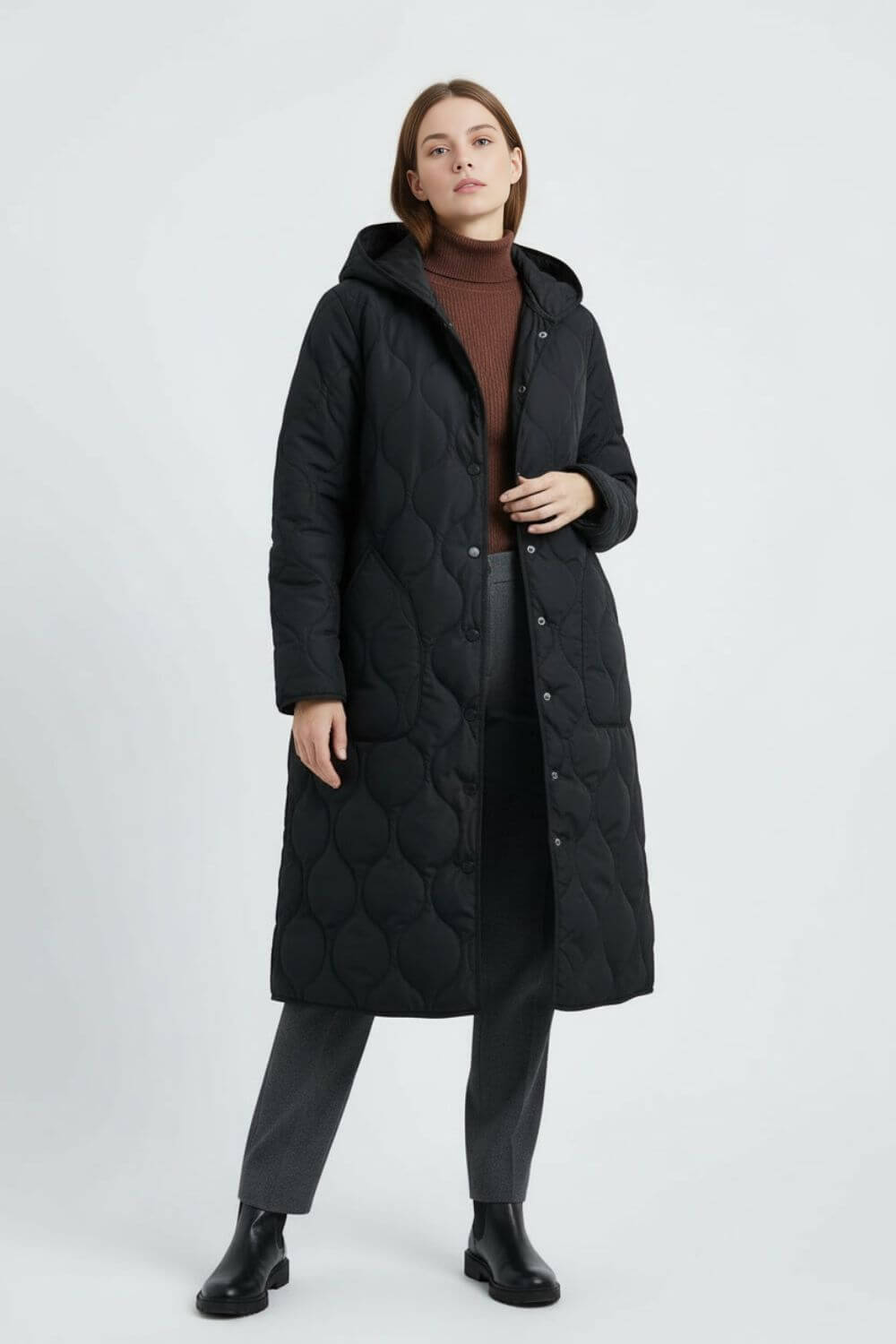 Caurelle | Women’s Black Long Quilted Puffer Coat – Refined Warmth in Classic Form