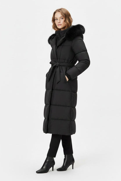 Caurelle | Women’s Black Long Belted Faux Fur Puffer Coat