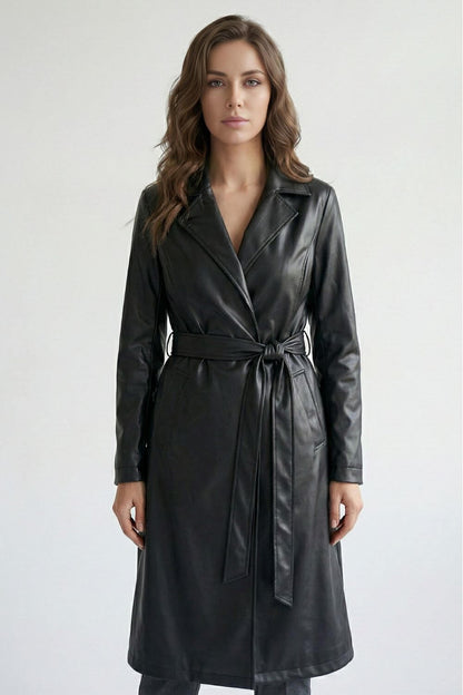 Women’s Black Faux Leather Long Coat with Belt