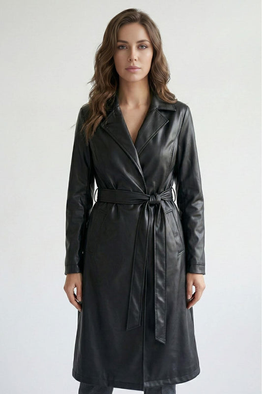 Women’s Black Faux Leather Long Coat with Belt