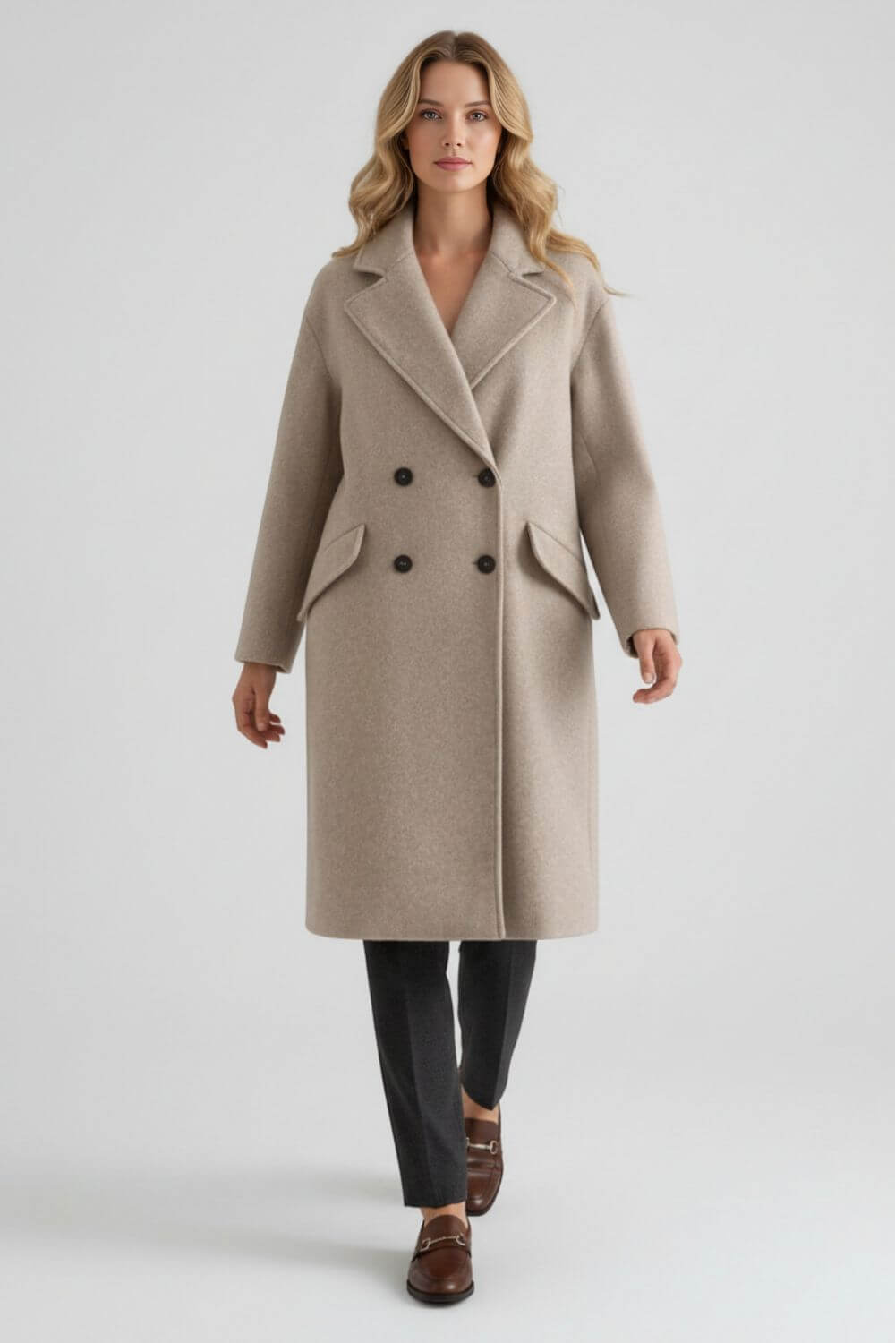 Women’s Long Wool Coat with Lapel Collar