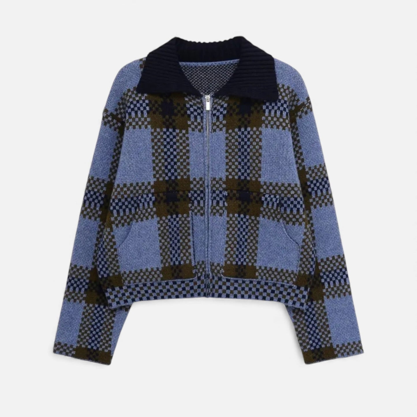 Plain Dept | Women’s Plaid Knitted Zipper Jacket with Turn-Down Collar