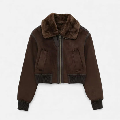 Plain Dept | Women’s Brown Bomber Jacket, Luxe Faux Fur Trim