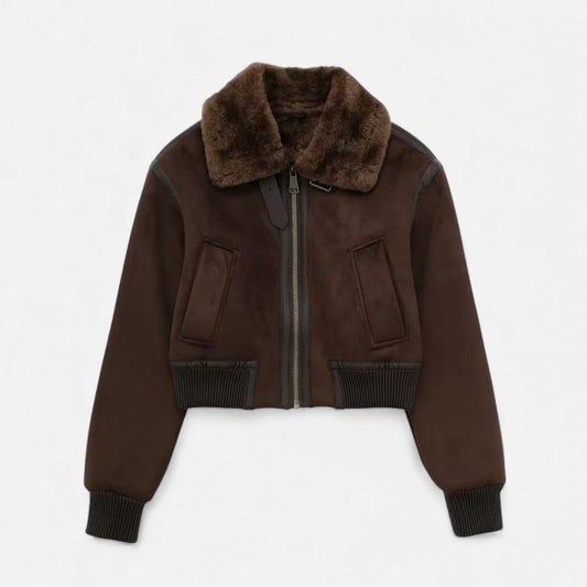 Plain Dept | Women’s Brown Bomber Jacket, Luxe Faux Fur Trim