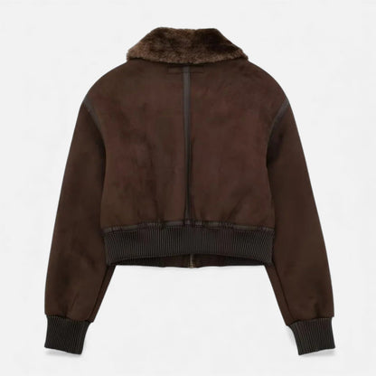 Plain Dept | Women’s Brown Bomber Jacket, Luxe Faux Fur Trim