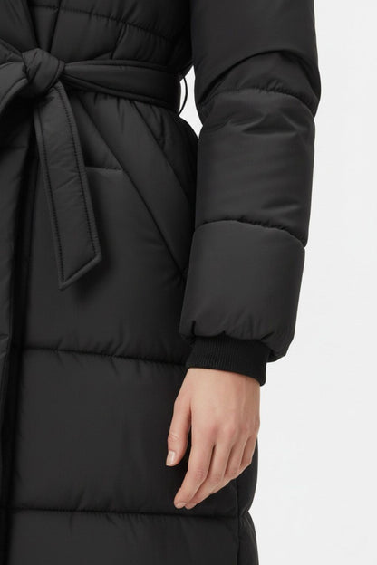 Caurelle | Women’s Black Long Belted Faux Fur Puffer Coat