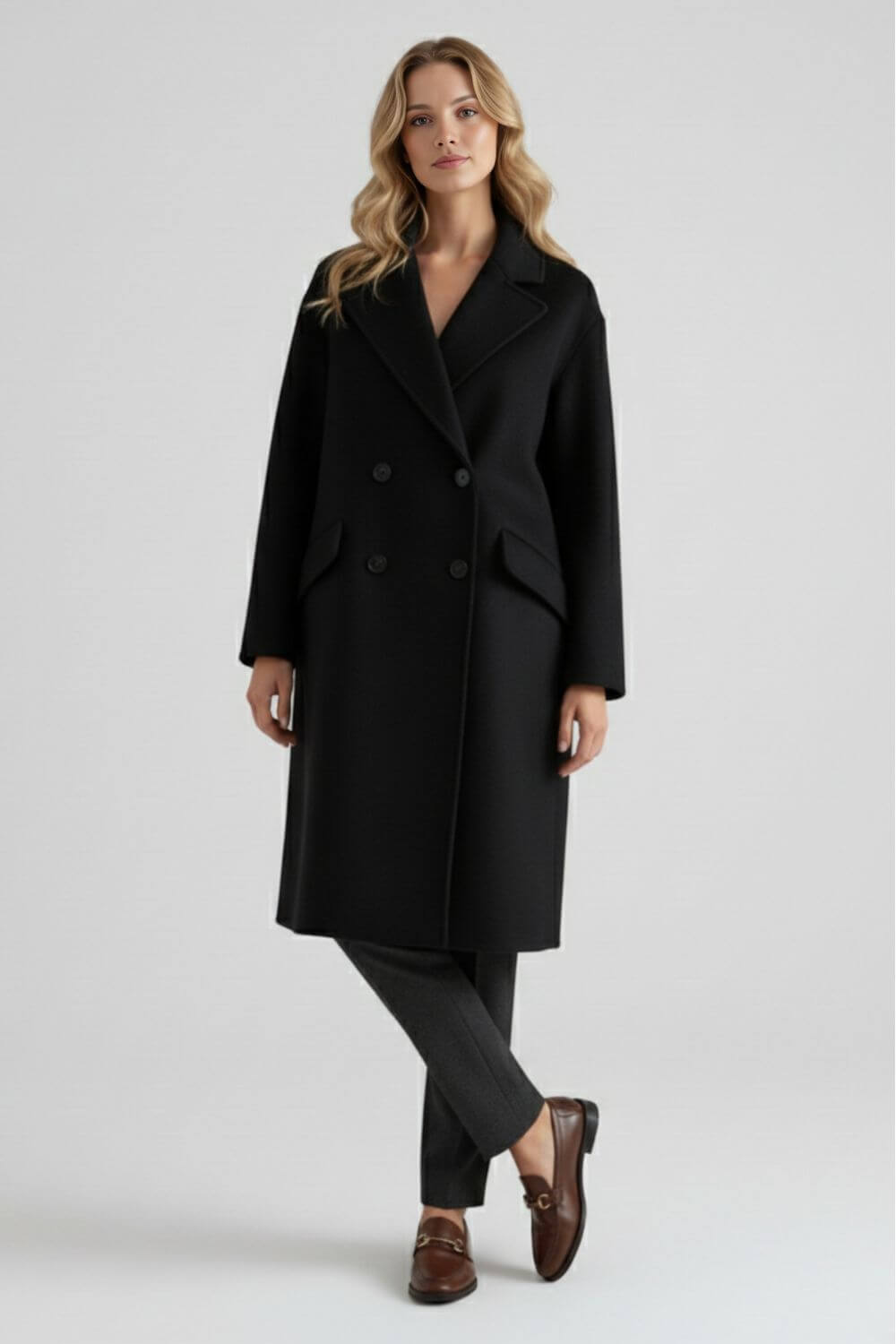 Women’s Long Wool Coat with Lapel Collar