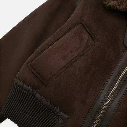 Plain Dept | Women’s Brown Bomber Jacket, Luxe Faux Fur Trim