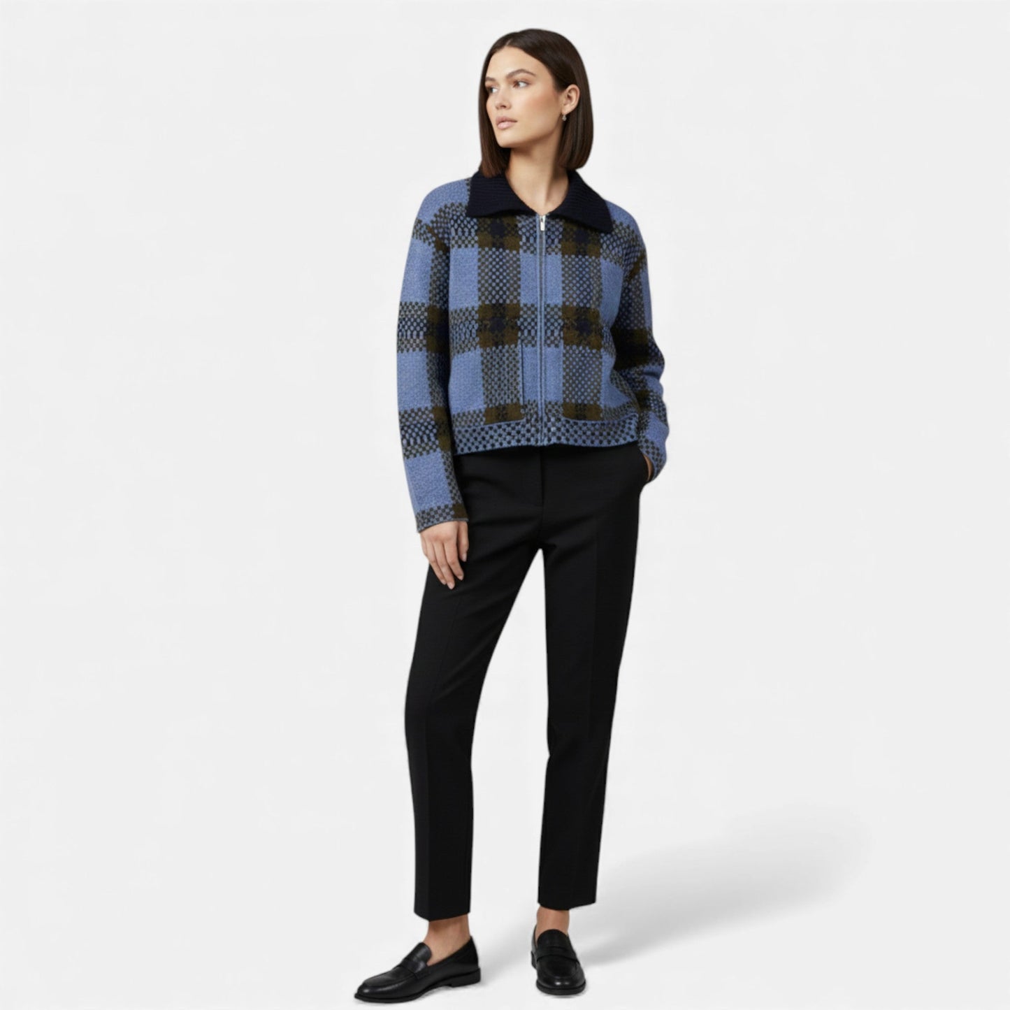 Plain Dept | Women’s Plaid Knitted Zipper Jacket with Turn-Down Collar