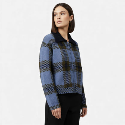 Plain Dept | Women’s Plaid Knitted Zipper Jacket with Turn-Down Collar
