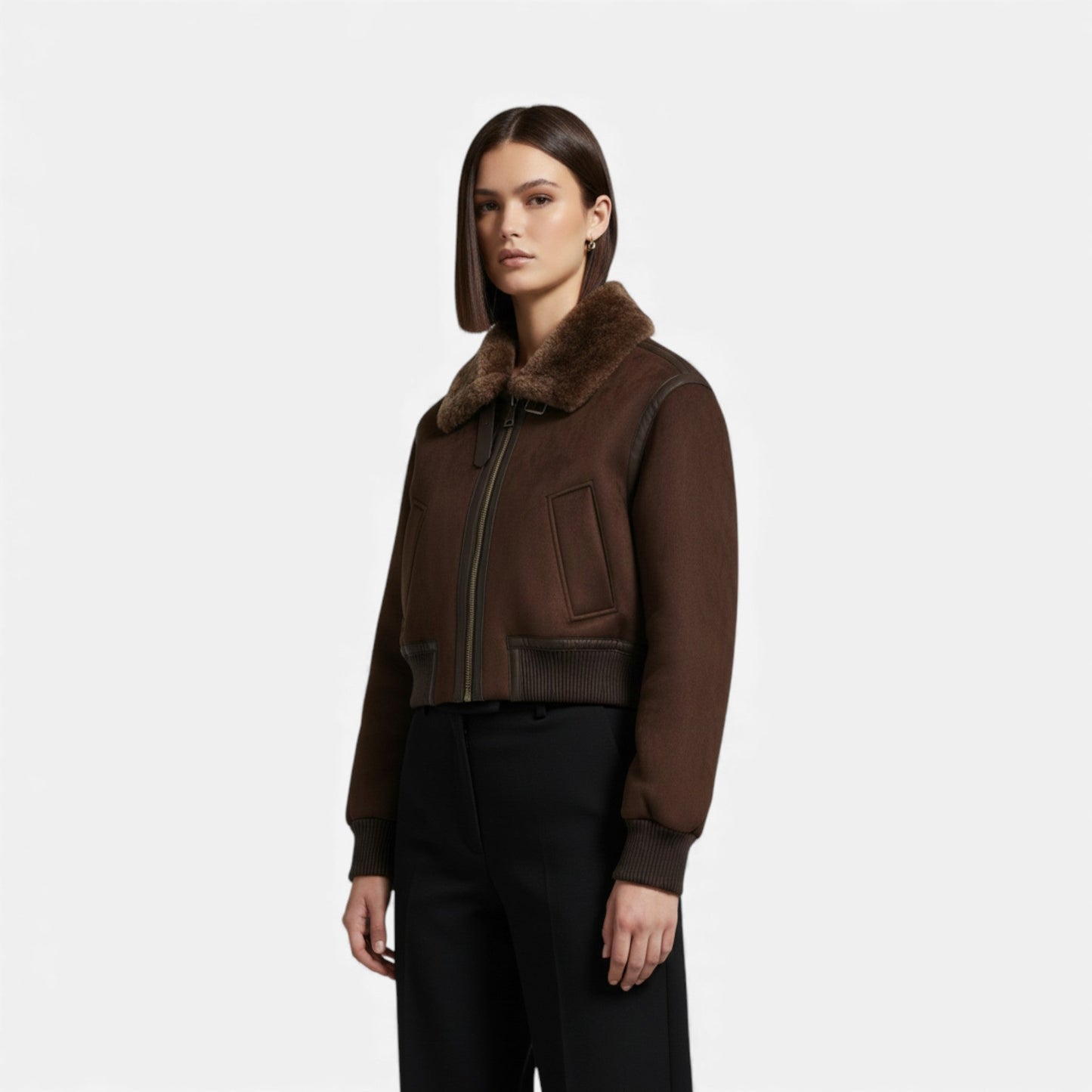 Plain Dept | Women’s Brown Bomber Jacket, Luxe Faux Fur Trim