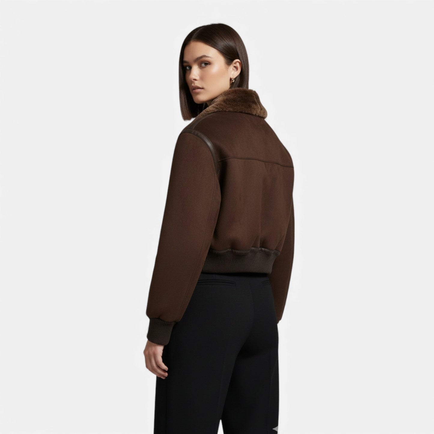 Plain Dept | Women’s Brown Bomber Jacket, Luxe Faux Fur Trim