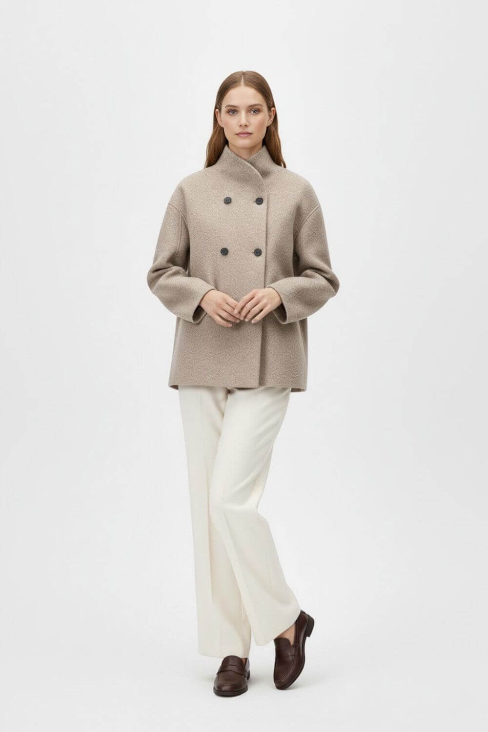 Women’s Wool Coat – Double-Breasted Tatting Weave Elegance