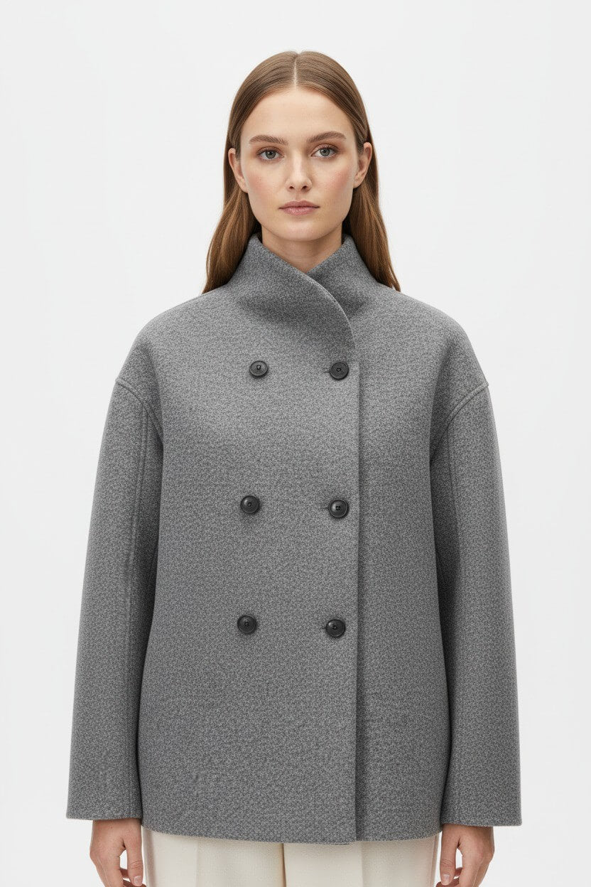 Women’s Wool Coat – Double-Breasted Tatting Weave Elegance
