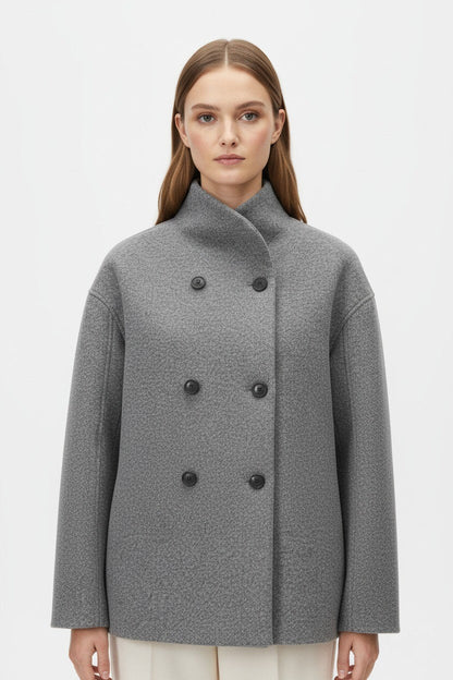Women’s Wool Coat – Double-Breasted Tatting Weave Elegance