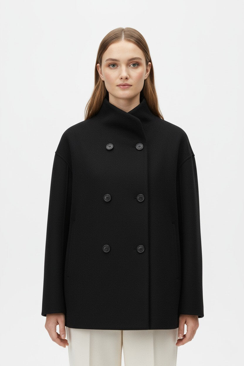 Women’s Wool Coat – Double-Breasted Tatting Weave Elegance
