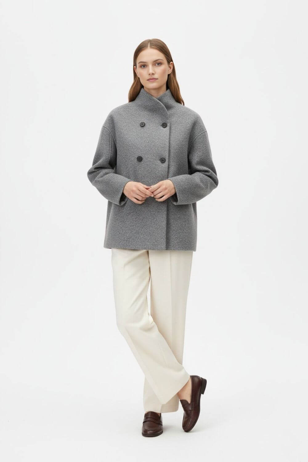 Women’s Wool Coat – Double-Breasted Tatting Weave Elegance