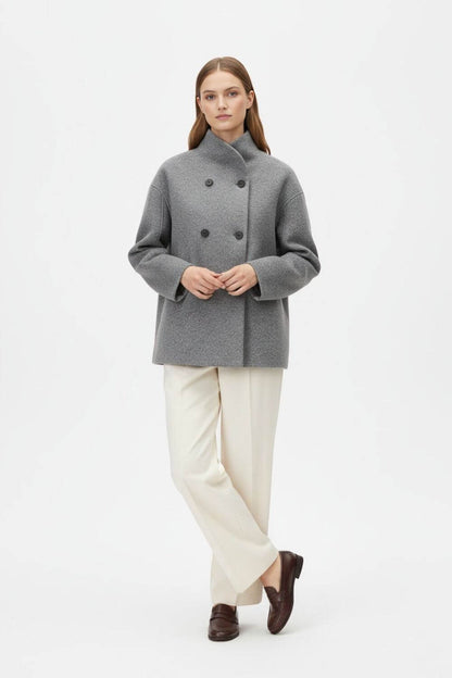 Women’s Wool Coat – Double-Breasted Tatting Weave Elegance