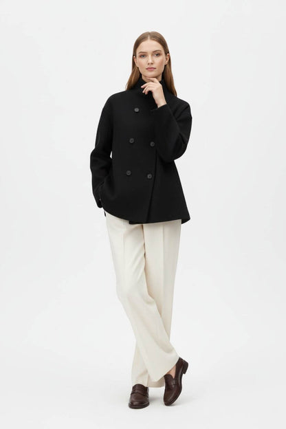 Women’s Wool Coat – Double-Breasted Tatting Weave Elegance