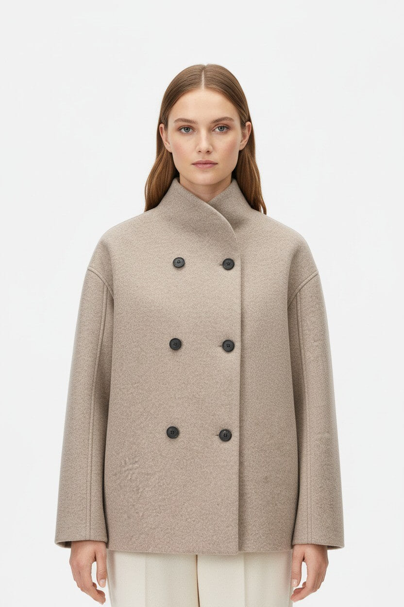 Women’s Wool Coat – Double-Breasted Tatting Weave Elegance