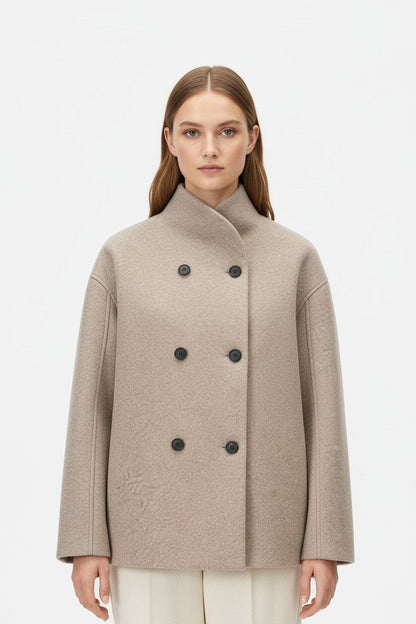 Women’s Wool Coat – Double-Breasted Tatting Weave Elegance