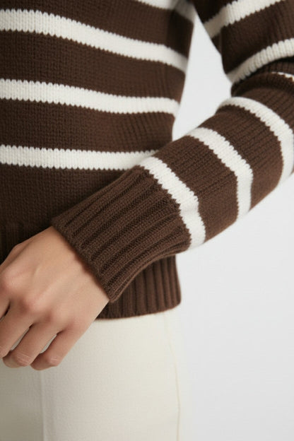 Caurelle | Women’s Roll Neck Jumper – Striped Half-Zip Contrast Collar