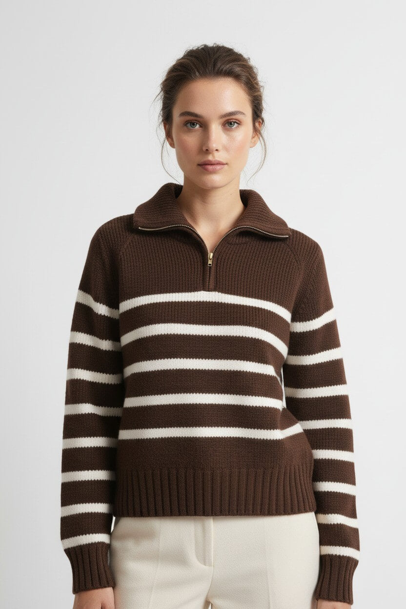 Caurelle | Women’s Roll Neck Jumper – Striped Half-Zip Contrast Collar